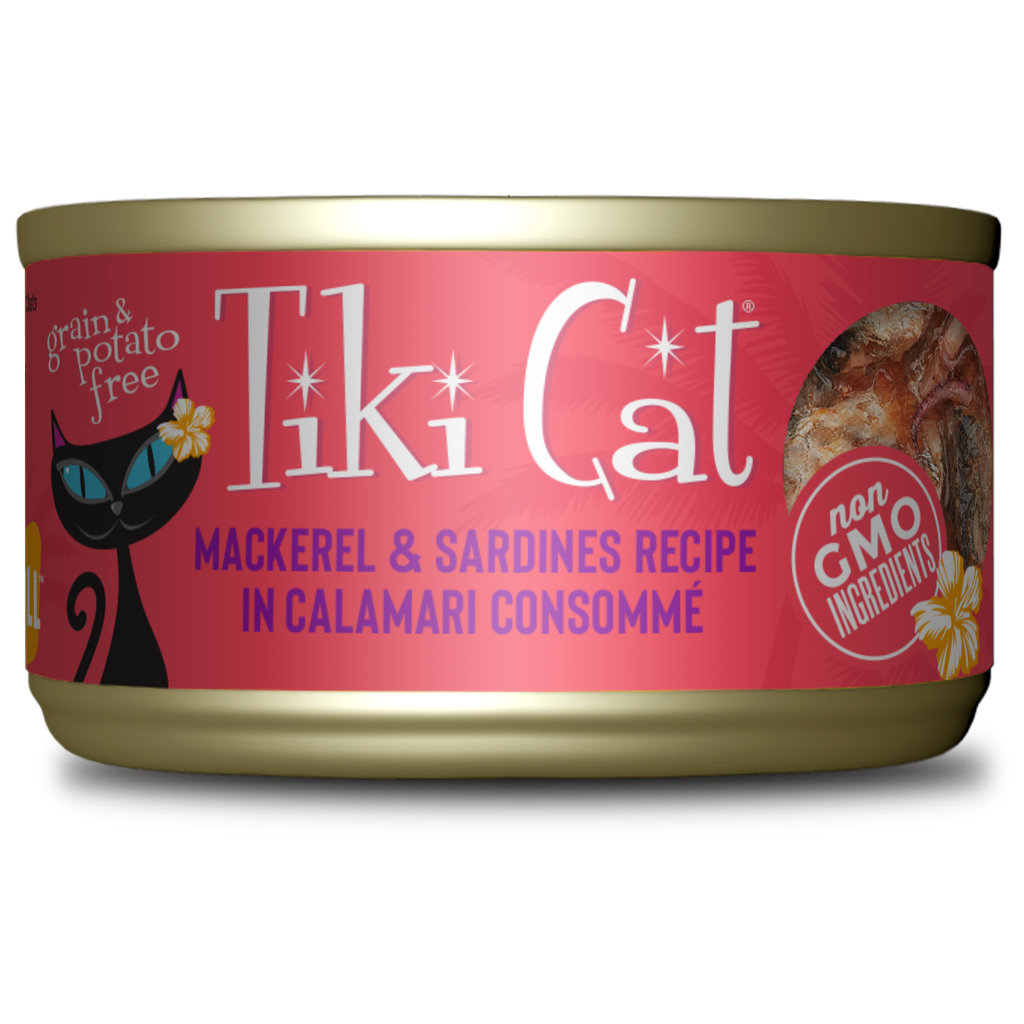 TIKI CAT GRILL - CABALLA Y  SARDINAS EN SOPA DE CALAMAR - 80 GR - LATA