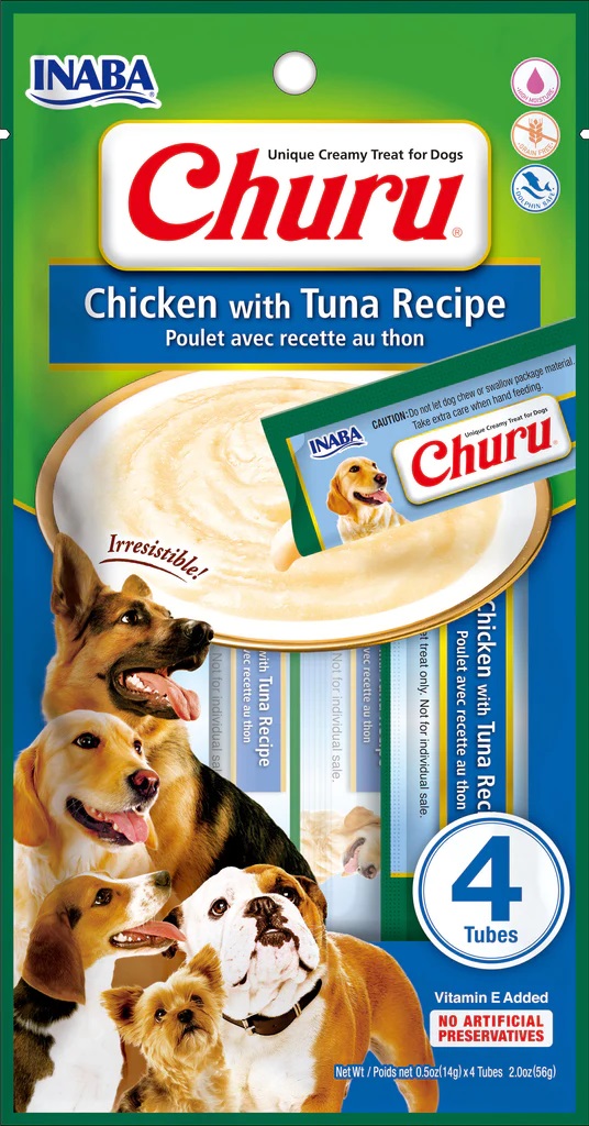 PROMO CORTA FECHA DIC-07-24 INABA DOG SNACK CHURU 4 PIEZAS - CHICKEN WITH TUNA - POLLO Y ATUN 56 GR