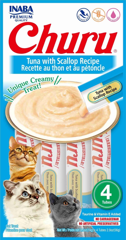 INABA CAT SNACK CHURU 4 PIEZAS - TUNA WITH SCALLOP - ATUN Y VIEIRA 56 GR