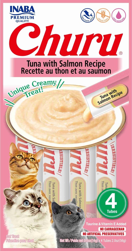 INABA CAT SNACK CHURU 4 PIEZAS - TUNA WITH SALMON - ATUN Y SALMON 56 GR