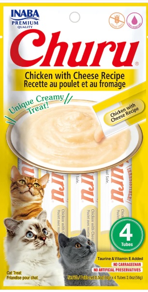 INABA CAT SNACK CHURU 4 PIEZAS - CHICKEN WITH CHEESE-  POLLO Y QUESO 56 GR