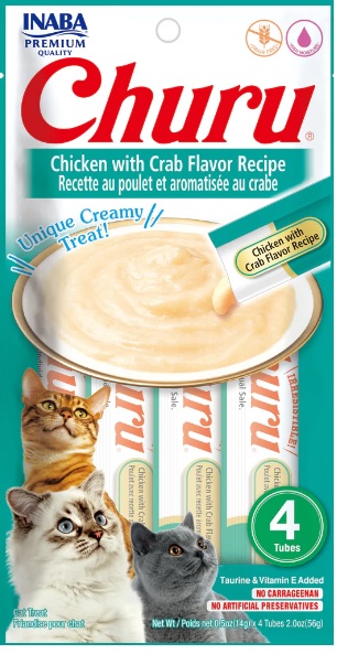 INABA CAT SNACK CHURU 4 PIEZAS - CHICKEN WITH CRAB-  POLLO Y CANGREJO 56 GR