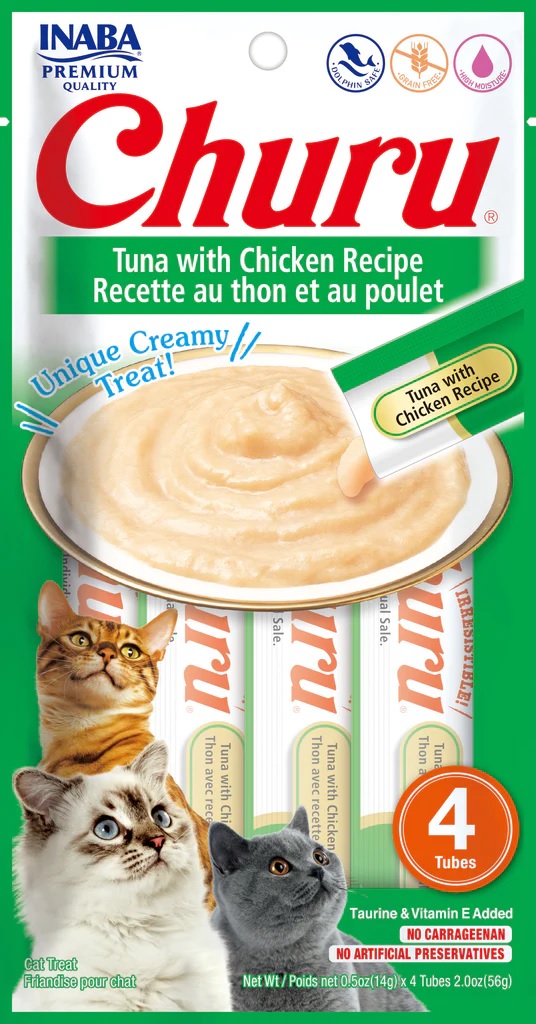 INABA CAT SNACK CHURU 4 PIEZAS - TUNA WITH CHICKEN- ATUN Y POLLO 56 GR