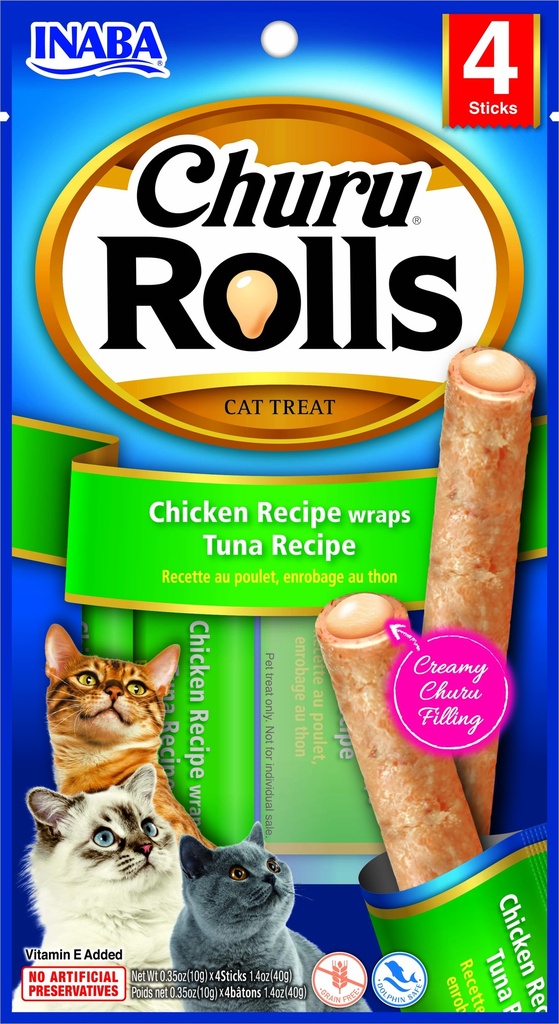 INABA CAT SNACK CHURU - ROLLS 4P CHICKEN RECIPE WRAPS TUNA RECIPE 40 GR