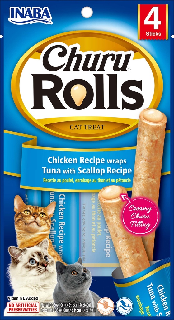 INABA CAT SNACK CHURU - ROLLS 4P  CHICKEN RECIPE WRAPS TUNA WITH SCALLOP RECIPE 40 GR