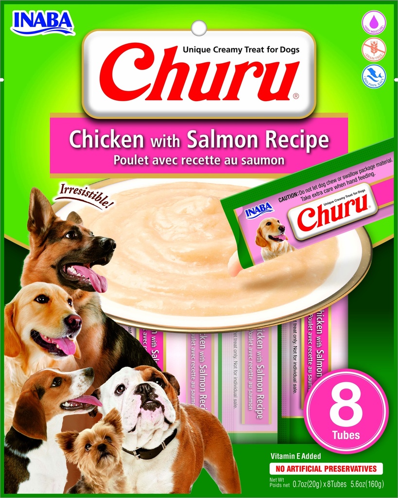 INABA DOG SNACK CHURU 8 PIEZAS - CHICKEN WITH SALMON - POLLO  Y SALMON 160 GR