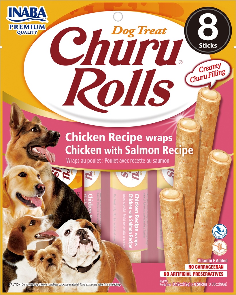 INABA DOG SNACK CHURU - ROLLS 8P  CHICKEN WITH SALMON 96 GR