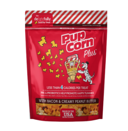 PROMO FECHA CORTA JUL-23-2025 PUPCORN PLUS DOG SNACK TOCINETA Y MANTEQUILLA MANI -4 OZ  -113 GR