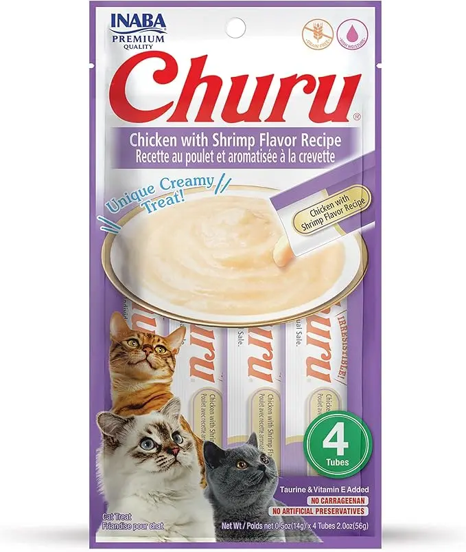 INABA CAT SNACK CHURU 4 PIEZAS - CHICHEN WITH SHRIMP FLAVOR RECIPE