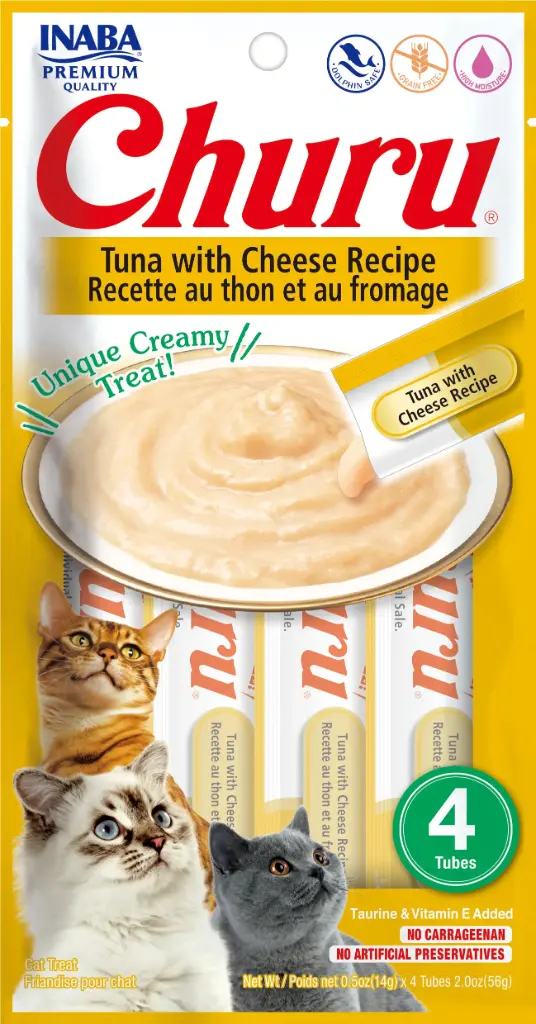 INABA CAT SNACK CHURU 4 PIEZAS - TUNA WITH CHEESE - ATUN Y QUESO 56 GR 