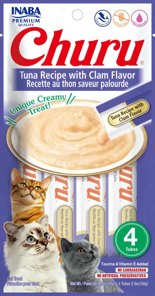 INABA CAT SNACK CHURU 4 PIEZAS - TUNA WITH CLAM-  ATUN Y ALMEJA 56 GR 