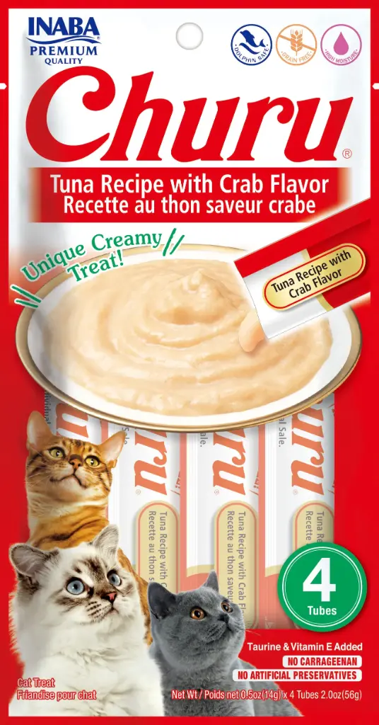 INABA CAT SNACK CHURU 4 PIEZAS - TUNA WITH CRAB-  ATUN Y CANGREJO 56 GR 