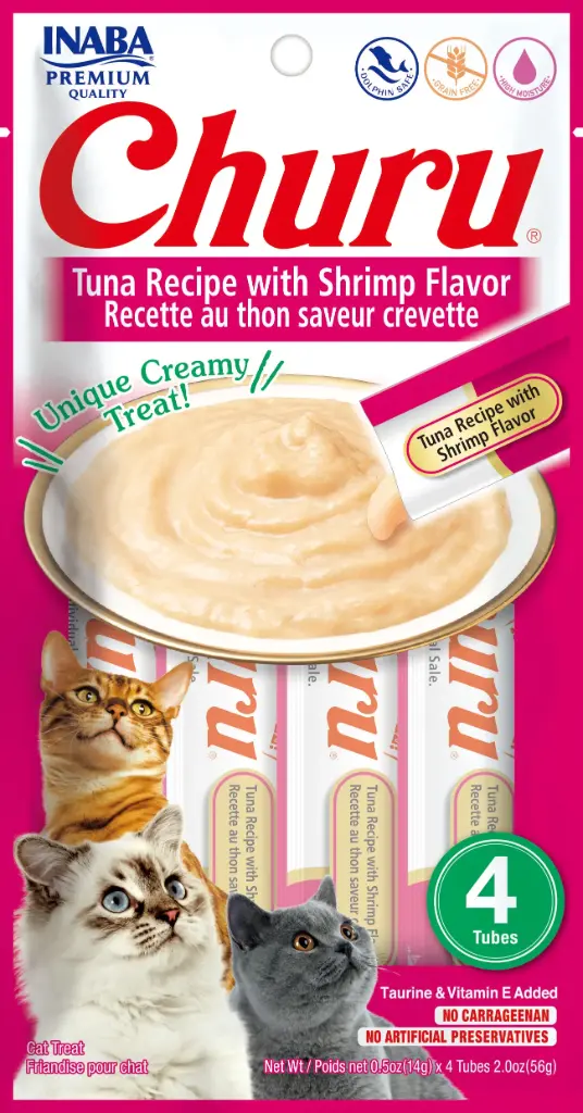 INABA CAT SNACK CHURU 4 PIEZAS - TUNA WITH SHRIMP-  ATUN Y  CAMARON 56 GR 