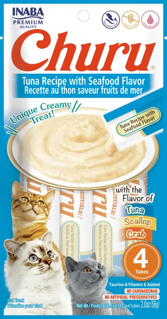 INABA CAT SNACK CHURU 4 PIEZAS - TUNA WITH SEAFOOD-  ATUN Y SEAFOOD 56 GR 