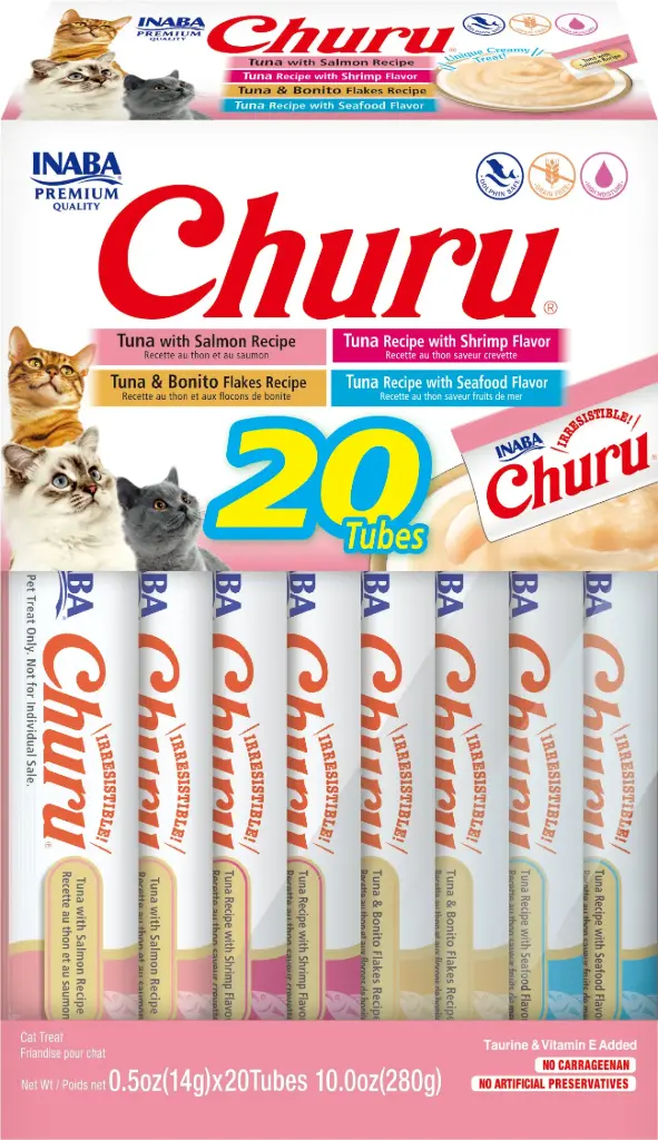 INABA CAT SNACK CHURU 20 PIEZAS -BOX SEAFOOD VARIETY