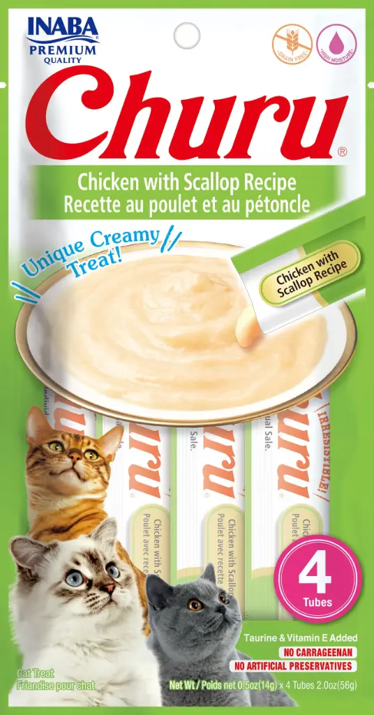 INABA CAT SNACK CHURU 4 PIEZAS - CHICKEN WITH SCALLOP - POLLO Y VIEIRA 56 GR 