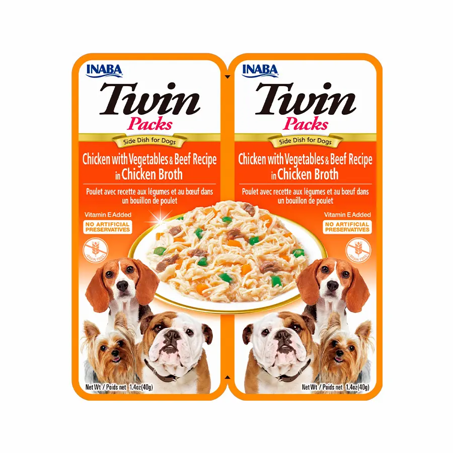 INABA DOG - TWIN PACKS CHICKEN WITH VEGETABLES & BEEF RECIPE IN CHICKEN BROTH 80 gr