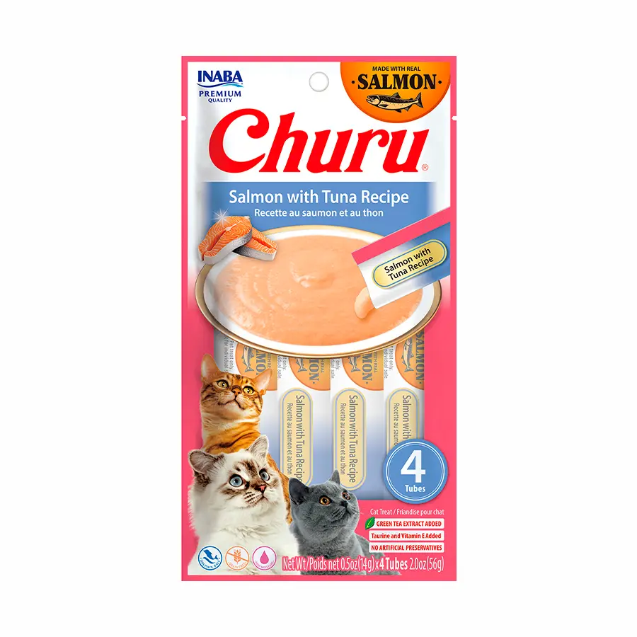 INABA CAT SNACK CHURU 4 PIEZAS- SALMON WITH TUNA RECIPE 56 gr