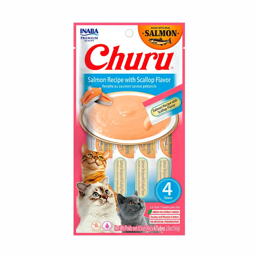 INABA CAT SNACK CHURU 4 PIEZAS- SALMON RECIPE WITH SCALLOP FLAVOR  56 gr