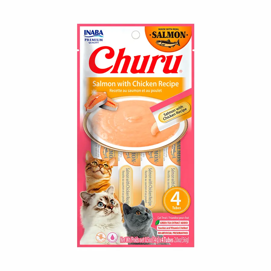 INABA CAT SNACK CHURU 4 PIEZAS - SALMON WITH CHICKEN RECIPE 56 gr