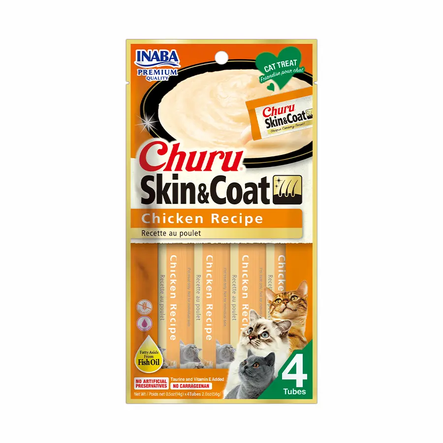 INABA CAT SNACK CHURU 4 PIEZAS - SKIN & COAT CHICKEN RECIPE 56 gr