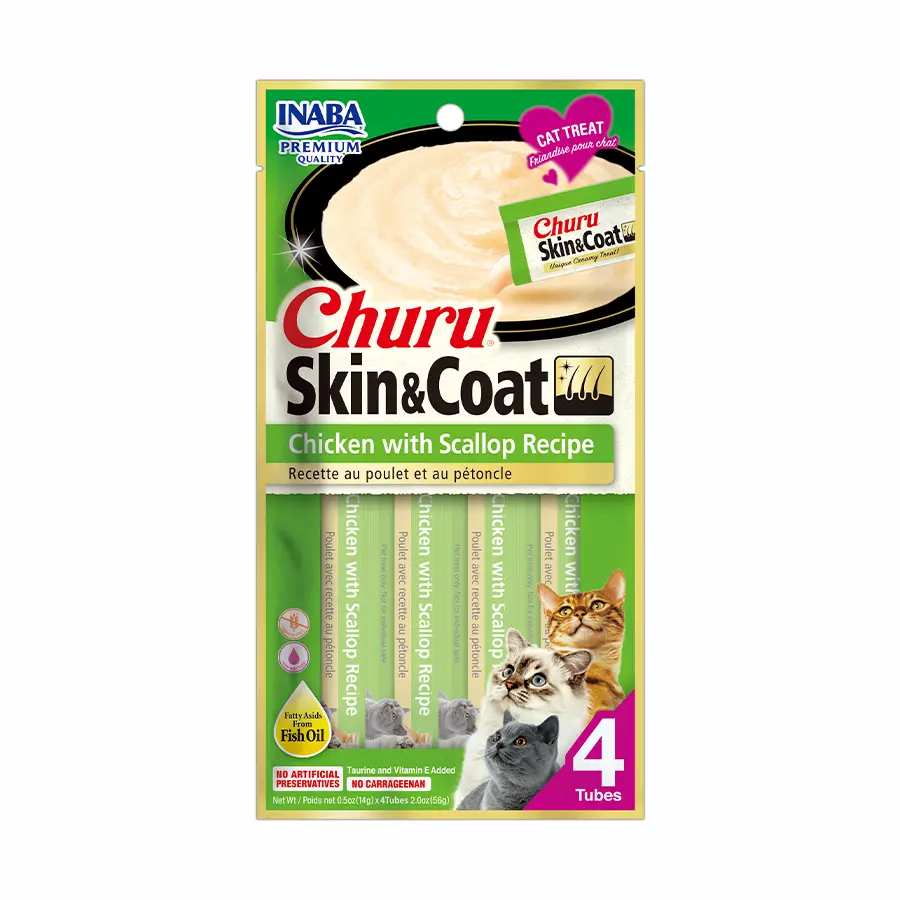 INABA CAT SNACK CHURU 4 PIEZAS- SKIN & COAT CHICKEN WITH SCALLOP RECIPE  56 gr