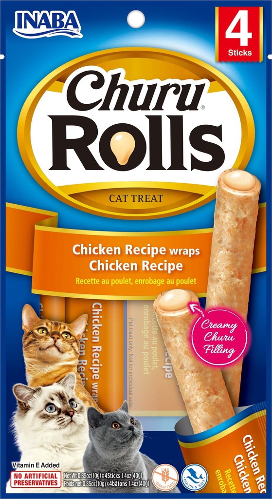 PROMO FECHA CORTA MAY-27-2026 -INABA CAT SNACK CHURU - ROLLS 4P CHICKEN RECIPE WRAPS CHICKEN RECIPE 40 GR 
