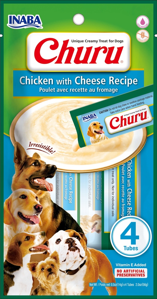 PROMO FECHA CORTA JUL-17-2026 -INABA DOG SNACK CHURU 4 PIEZAS- Dog Churu Chicken with Cheese Recipe56 GR 