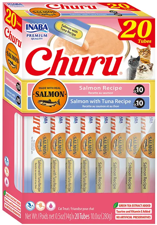 INABA CAT SNACK CHURU CAJA 20 PIEZAS -  VARIEDAD DE SALMON - ATUN 280 GR
