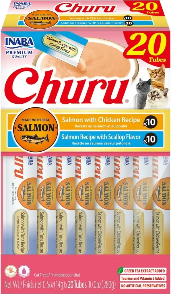 INABA CAT SNACK CHURU CAJA 20 PIEZAS -  VARIEDAD DE SALMON - POLLO Y VIERA 280 GR 