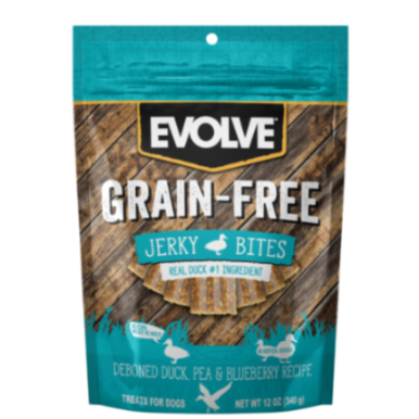 PROMO FECHA CORTA -SEP-25-2026- EVOLVE DOG SNACK GRAIN FREE JERKY DUCK - PATO 12 OZ -340 GR  