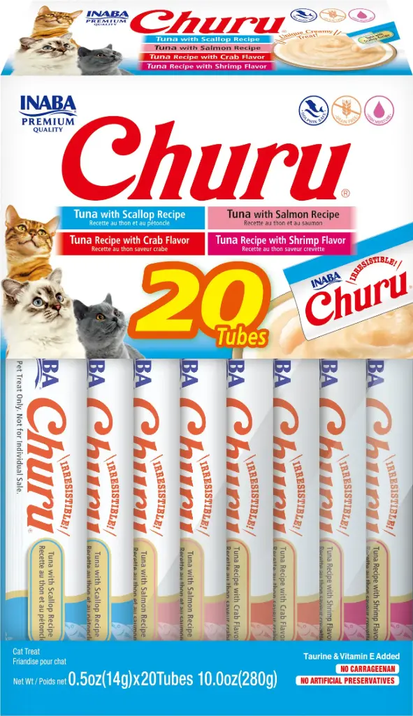 INABA CAT SNACK CHURU 20 PIEZAS - BOX TUNA SEAFOOD VARIETY