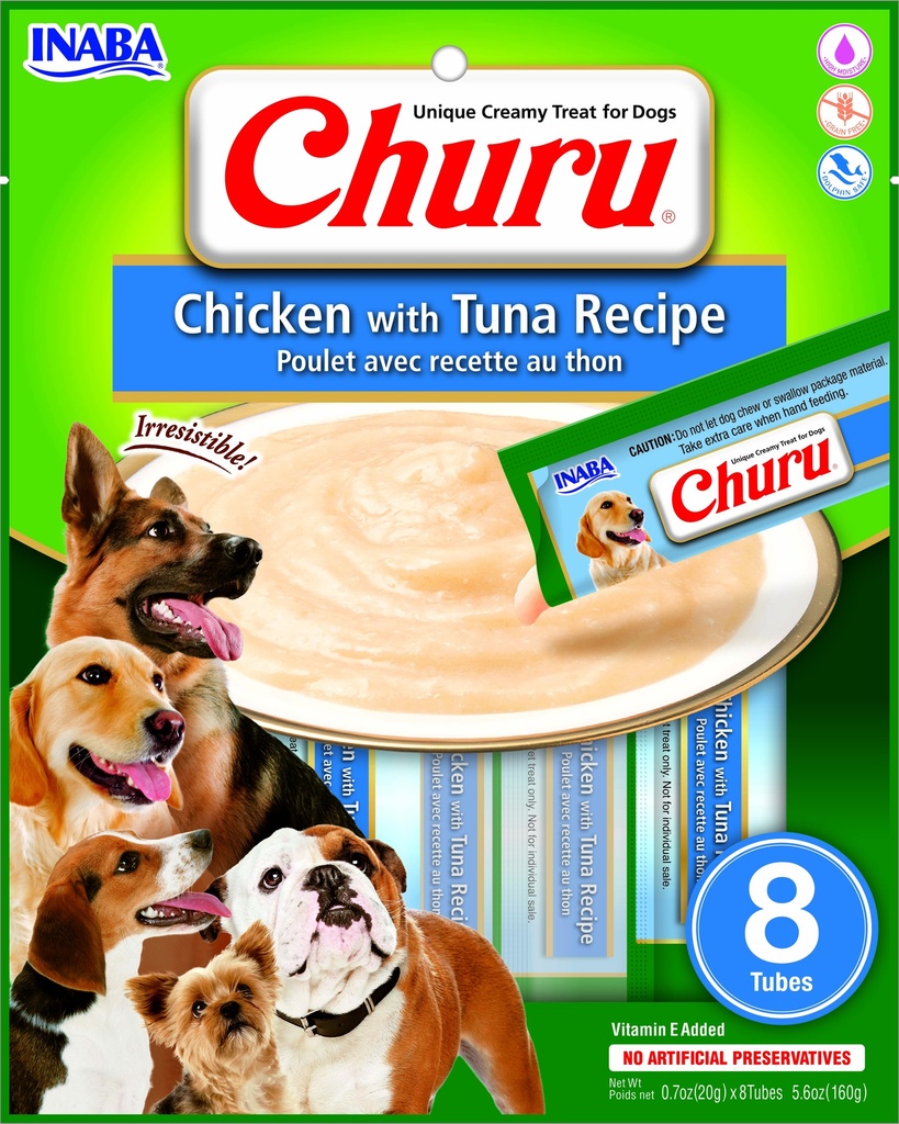 PROMO FECHA CORTA -SEP-15-2026 - INABA DOG SNACK CHURU 8 PIEZAS - CHICKEN WITH TUNA - POLLO Y ATUN 160 GR 