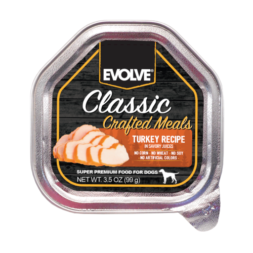PROMO FECHA CORTA DIC-15-26 EVOLVE DOG CLASSIC BANDEJA PAVO - 3.5 OZ - 99 GR 