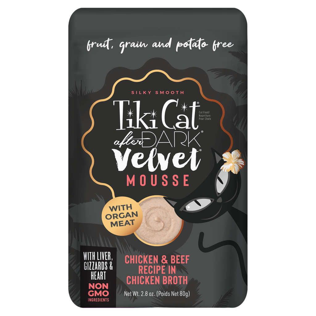 PROMO CORTA FECHA DIC-16-26 TIKI CAT AFTER DARK VELVET MOUSSE - POLLO CARNE CALDO DE POLLO - 80 GR - POUCH