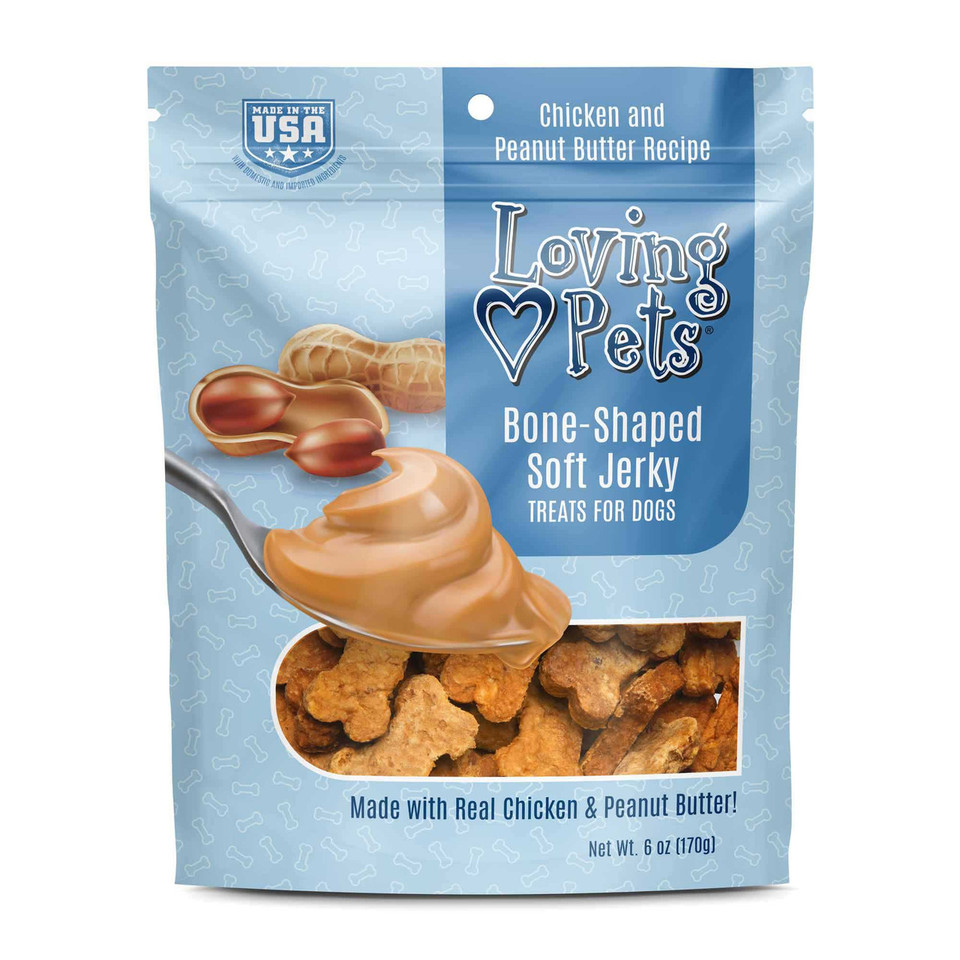 PROMO CORTA FECHA ENE-15-2027 LOVING PETS DOG SNACK JERKY  - MANTEQUILLA MANI - HUESOS 6 OZ 