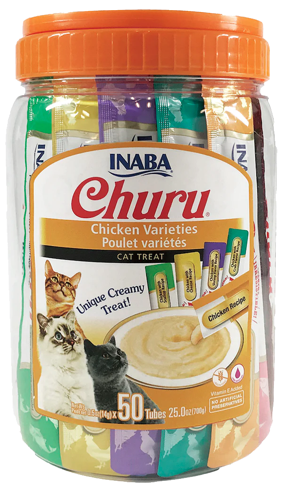 PROMO CORTA FECHA FEB-14-27 INABA CAT SNACK CHURU 50 PIEZAS - CHICKEN VARIETIES 700 GR 