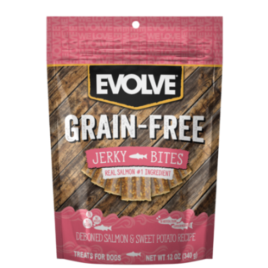 EVOLVE DOG SNACK GRAIN FREE JERKY SALMON 12 OZ -340 GR 