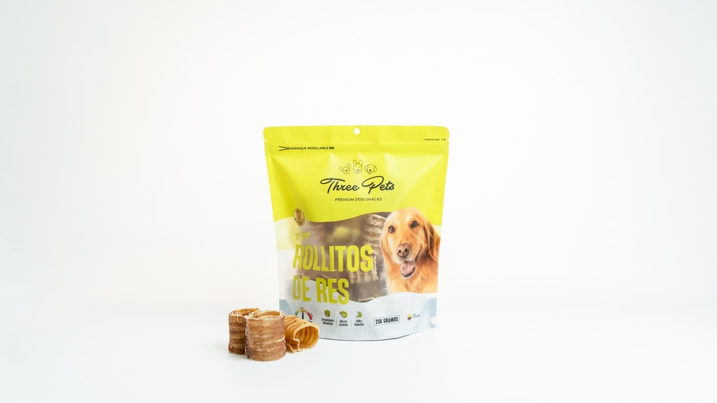 THREE PETS DOG SNACK BOLSA ROLLITOS DE RES X 24 UNDS  250 GR