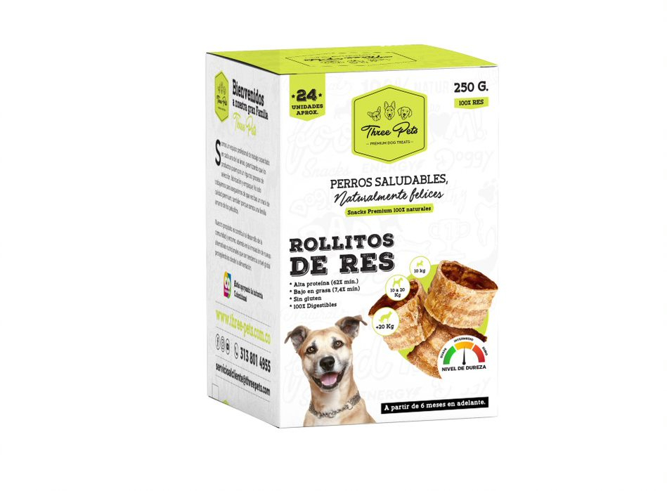 THREE PETS DOG SNACK CAJA ROLLITOS DE RES X 24 UNDS  250 GR