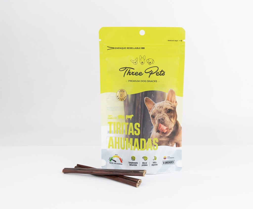 THREE PETS DOG SNACK TIRITAS AHUMADAS  X 6 UNDS 30 GR