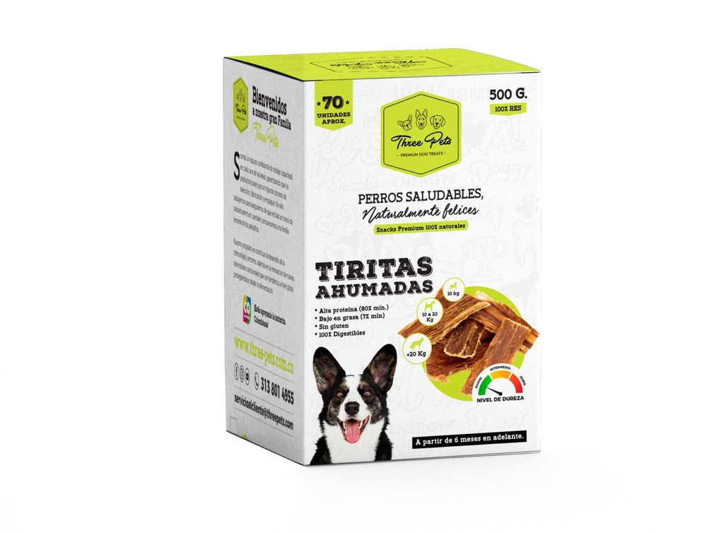 THREE PETS DOG SNACK CAJA TIRITAS AHUMADAS X 70 UNDS 500 GR