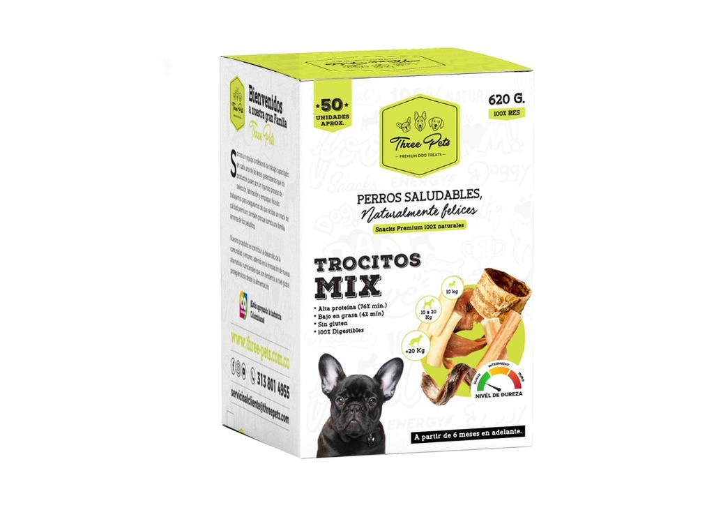 THREE PETS DOG SNACK CAJA TROCITOS MIX X 50 UNDS 620 GR