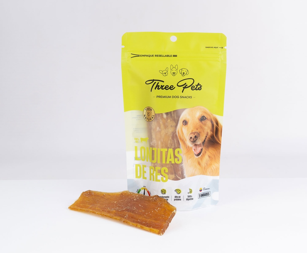 THREE PETS DOG SNACK LONJITAS DE RES X 2 UNDS 100 GR