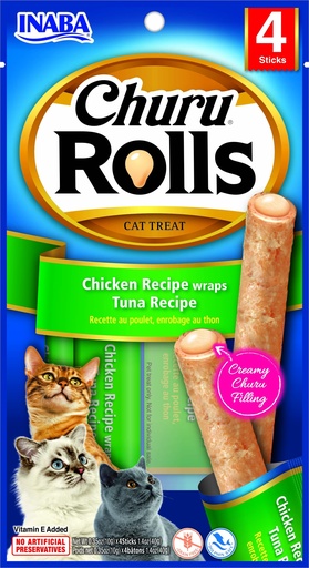 [USA731 IN] INABA CAT SNACK CHURU - ROLLS 4P CHICKEN RECIPE WRAPS TUNA RECIPE 40 GR