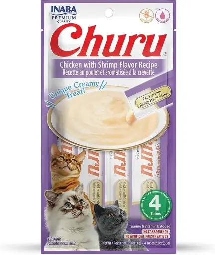 [USA608 IN] INABA CAT SNACK CHURU 4 PIEZAS - CHICHEN WITH SHRIMP FLAVOR RECIPE