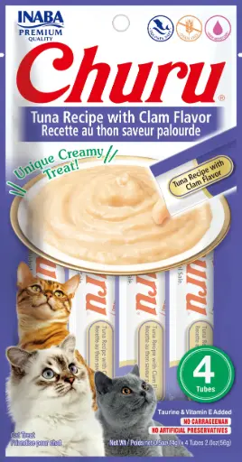 [USA664 IN] INABA CAT SNACK CHURU 4 PIEZAS - TUNA WITH CLAM-  ATUN Y ALMEJA 56 GR 