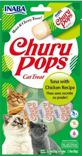 [USA713 IN] INABA CAT SNACK CHURU POPS 4 PIEZAS - TUNA WITH CHICKEN - ATUN Y POLLO 60 GR 