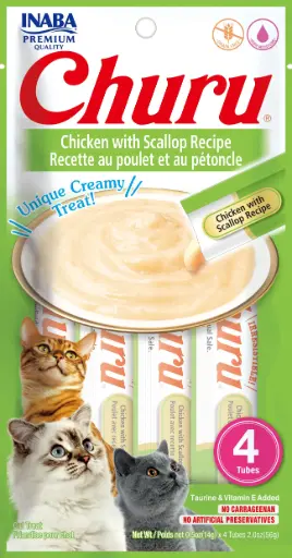 [USA605A IN] INABA CAT SNACK CHURU 4 PIEZAS - CHICKEN WITH SCALLOP - POLLO Y VIEIRA 56 GR 