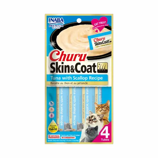 [USA673 IN] INABA CAT SNACK CHURU 4 PIEZAS - SKIN & COAT TUNA WITH SCALLOP RECIPE 56 gr
